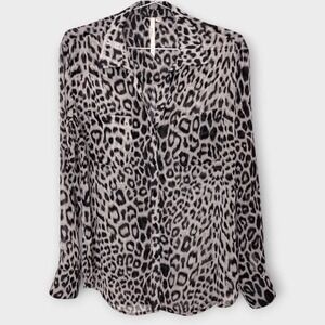 Bellatrix Womens Leopard Blouse Sz Small Chiffon Long Sleeve Button Black Animal